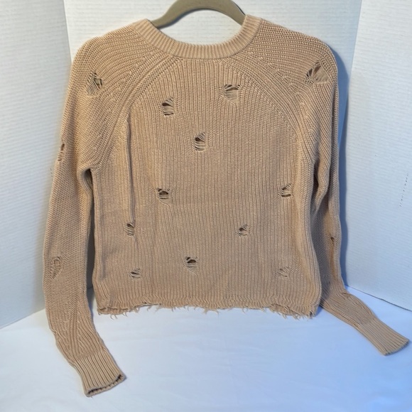 Cotton by Autumn Cashmere distressed Scallop Shaker Sweater in camel. Size S - Picture 8 of 10
